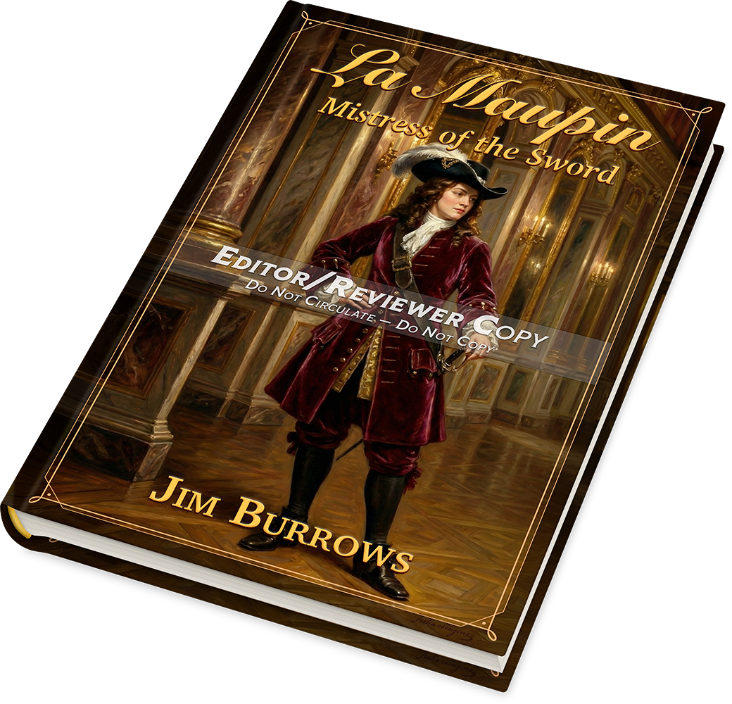 Temporary cover mock-up for the upcoming novel, created using AI tools – a woman in 17th-century dress with a sword